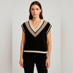 Smash + Tess Sleeveless Knit Sweater Vest Size S/P Black Beige Stripe Trim